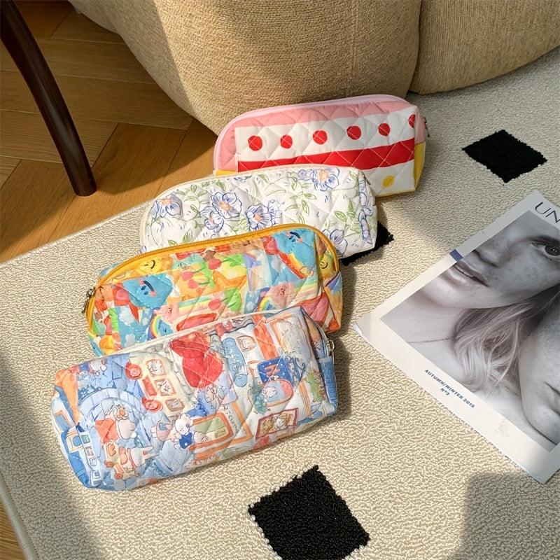 Floral Quilted Travel Cosmetic Bag Padded Pencil Case