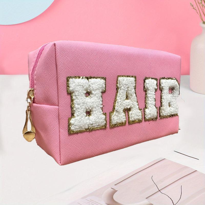 Chenille Letter Patched Cosmetic Bag Zipper Portable Makeup Bag