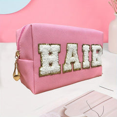 Chenille Letter Patched Cosmetic Bag Zipper Portable Makeup Bag