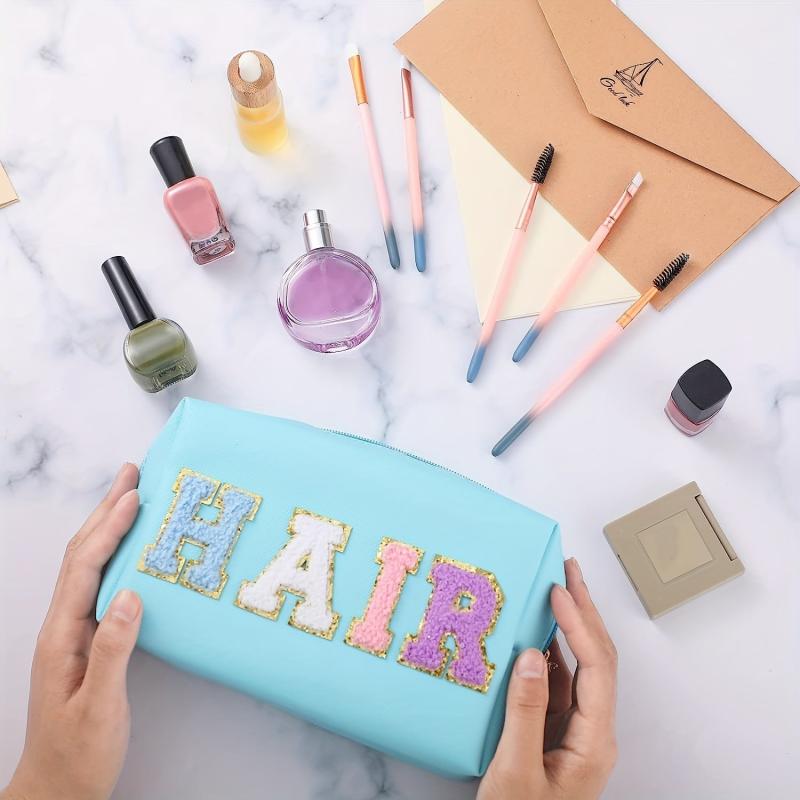 Chenille Letter Patched Cosmetic Bag Zipper Portable Makeup Bag
