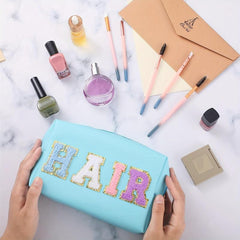 Chenille Letter Patched Cosmetic Bag Zipper Portable Makeup Bag