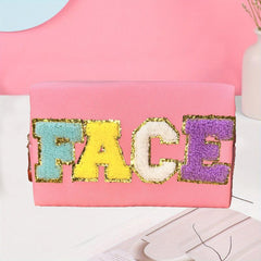 Chenille Letter Patched Cosmetic Bag Zipper Portable Makeup Bag