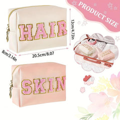 Chenille Letter Patched Cosmetic Bag Zipper Portable Makeup Bag