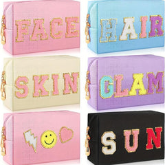 Chenille Letter Patched Cosmetic Bag Zipper Portable Makeup Bag