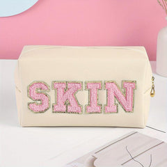 Chenille Letter Patched Cosmetic Bag Zipper Portable Makeup Bag