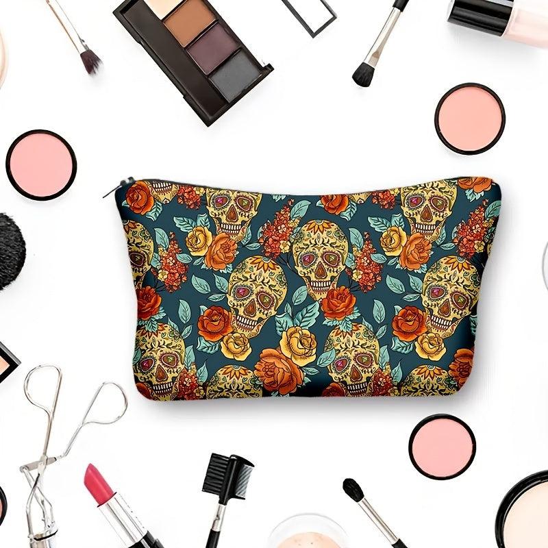 Flower & Skull Print Storage Bag Zipper Makeup Pouch Coin Purse