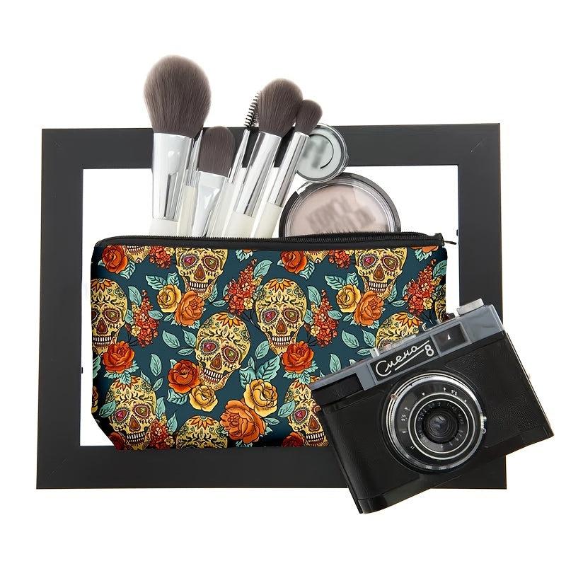Flower & Skull Print Storage Bag Zipper Makeup Pouch Coin Purse