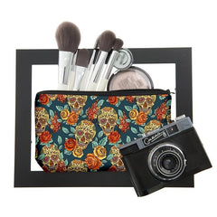 Flower & Skull Print Storage Bag Zipper Makeup Pouch Coin Purse