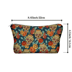 Flower & Skull Print Storage Bag Zipper Makeup Pouch Coin Purse