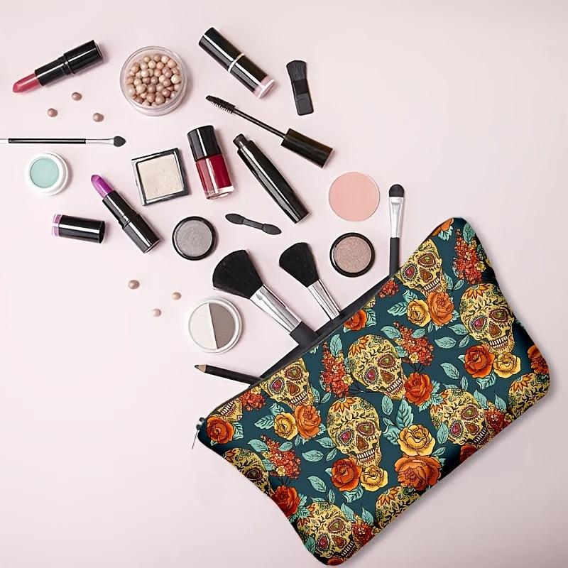 Flower & Skull Print Storage Bag Zipper Makeup Pouch Coin Purse