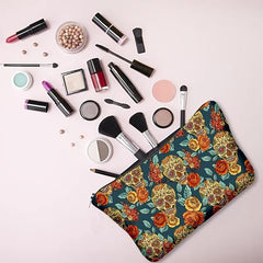 Flower & Skull Print Storage Bag Zipper Makeup Pouch Coin Purse