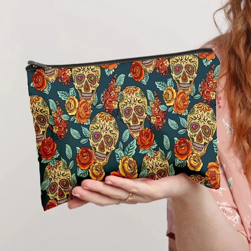 Flower & Skull Print Storage Bag Zipper Makeup Pouch Coin Purse