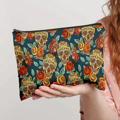 Flower & Skull Print Storage Bag Zipper Makeup Pouch Coin Purse