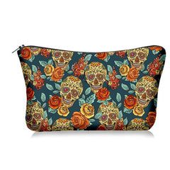 Flower & Skull Print Storage Bag Zipper Makeup Pouch Coin Purse
