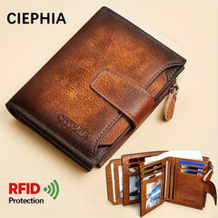Men's Vintage RFID Leather Wallet Zipper Coin Billfold
