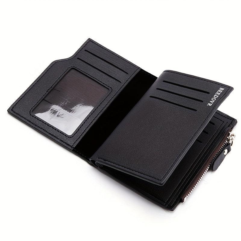 Men's Short Business Bifold Wallet PU Leather Small Zipper Coin Pocket