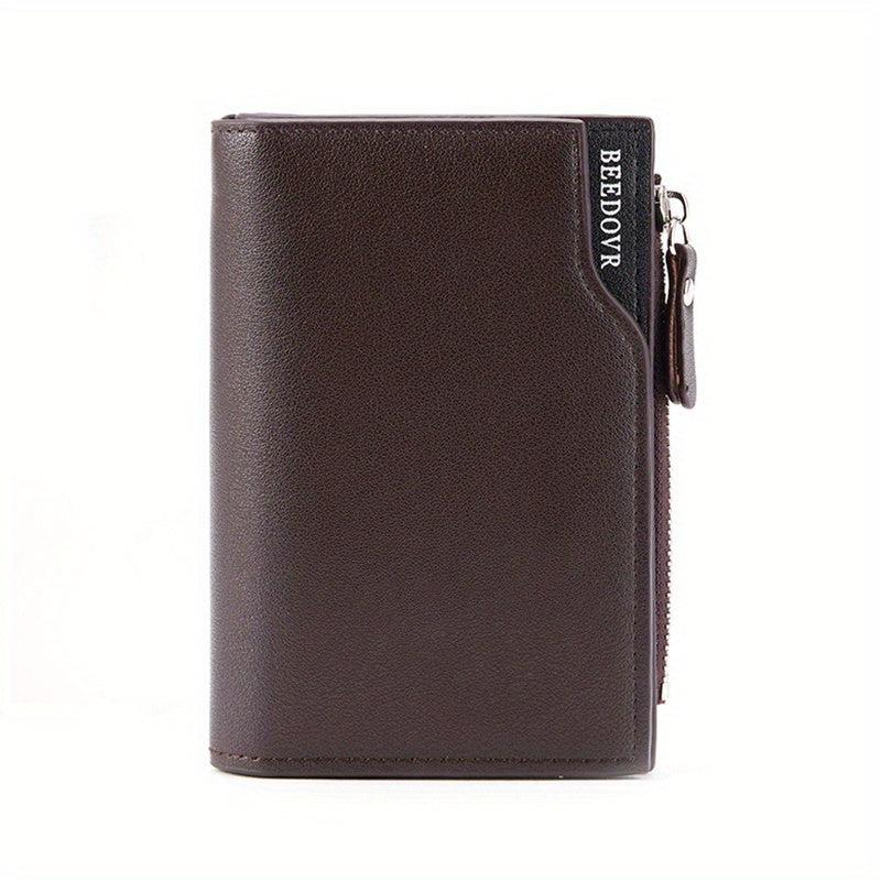 Men's Short Business Bifold Wallet PU Leather Small Zipper Coin Pocket