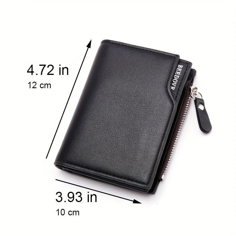 Men's Short Business Bifold Wallet PU Leather Small Zipper Coin Pocket