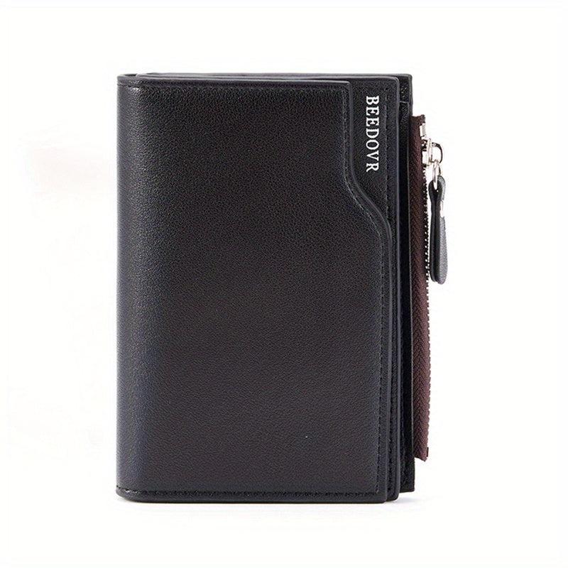 Men's Short Business Bifold Wallet PU Leather Small Zipper Coin Pocket