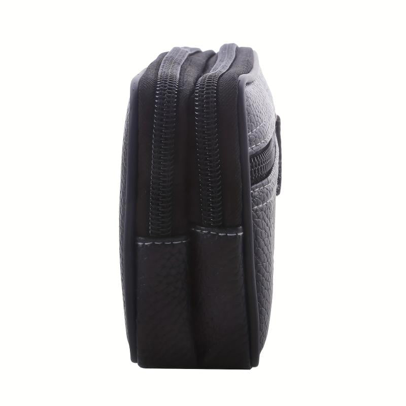 Men's Zipper Leather Waist Bag Mobile Phone Bag Double Layer Soft Leather