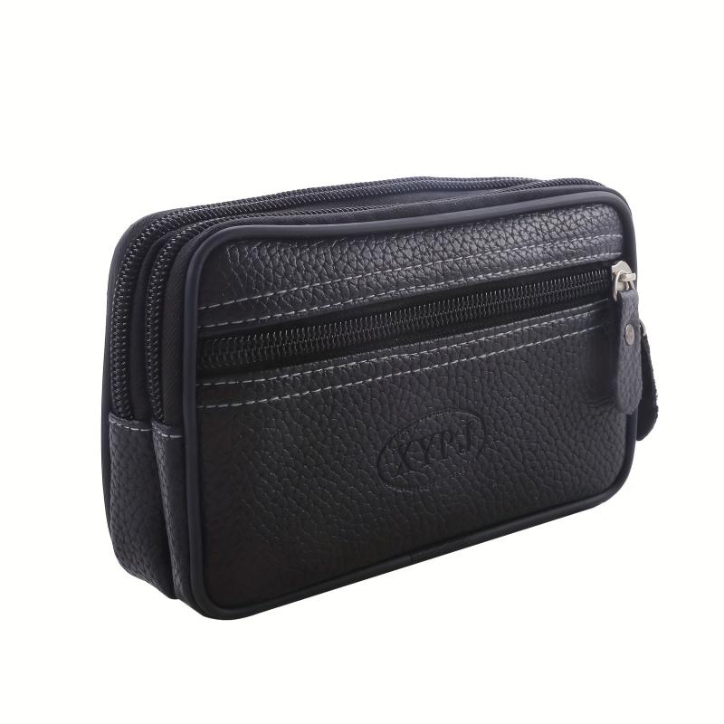 Men's Zipper Leather Waist Bag Mobile Phone Bag Double Layer Soft Leather
