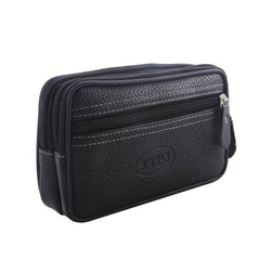 Men's Zipper Leather Waist Bag Mobile Phone Bag Double Layer Soft Leather