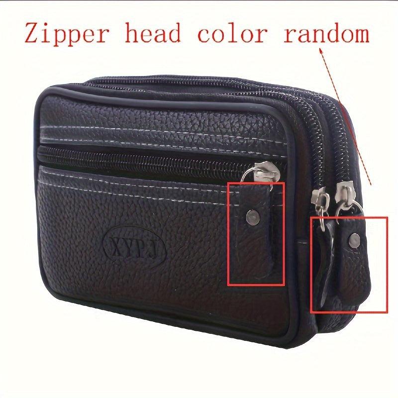 Men's Zipper Leather Waist Bag Mobile Phone Bag Double Layer Soft Leather