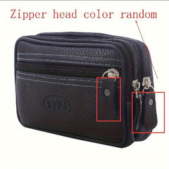 Men's Zipper Leather Waist Bag Mobile Phone Bag Double Layer Soft Leather