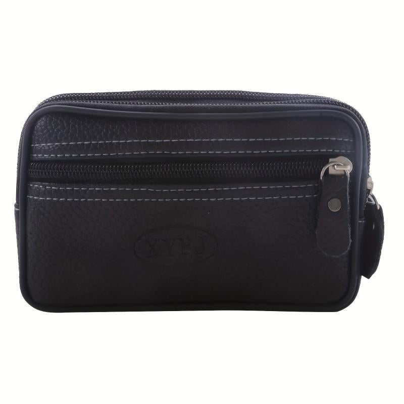 Men's Zipper Leather Waist Bag Mobile Phone Bag Double Layer Soft Leather