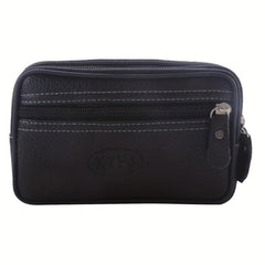 Men's Zipper Leather Waist Bag Mobile Phone Bag Double Layer Soft Leather