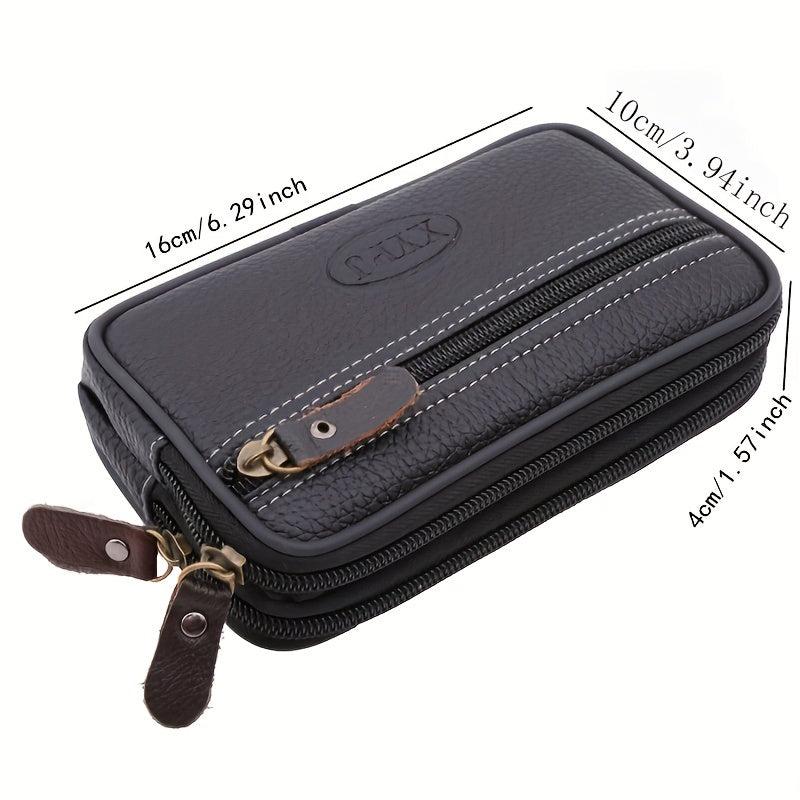Men's Zipper Leather Waist Bag Mobile Phone Bag Double Layer Soft Leather