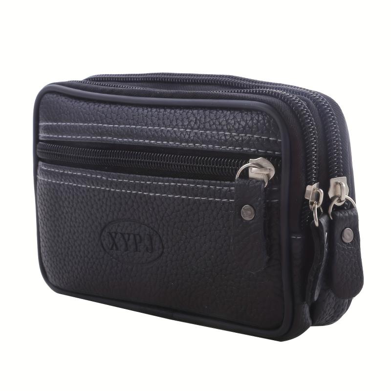 Men's Zipper Leather Waist Bag Mobile Phone Bag Double Layer Soft Leather