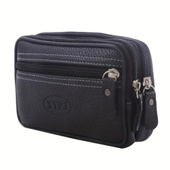 Men's Zipper Leather Waist Bag Mobile Phone Bag Double Layer Soft Leather