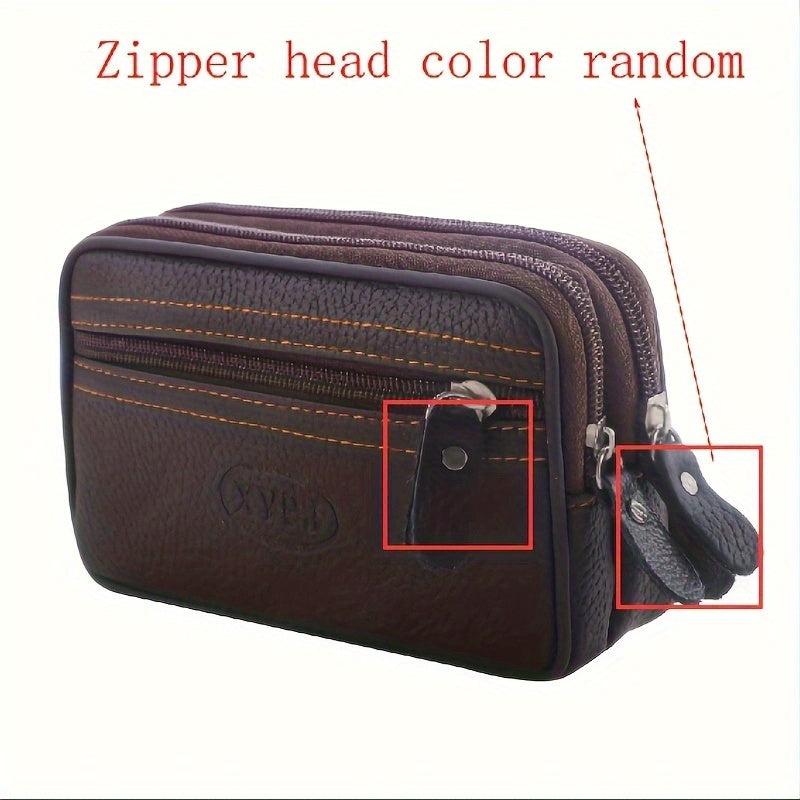 Men's Zipper Leather Waist Bag Mobile Phone Bag Double Layer Soft Leather