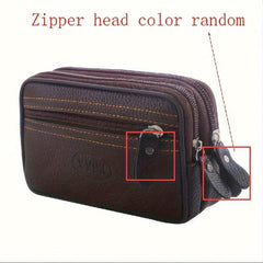 Men's Zipper Leather Waist Bag Mobile Phone Bag Double Layer Soft Leather