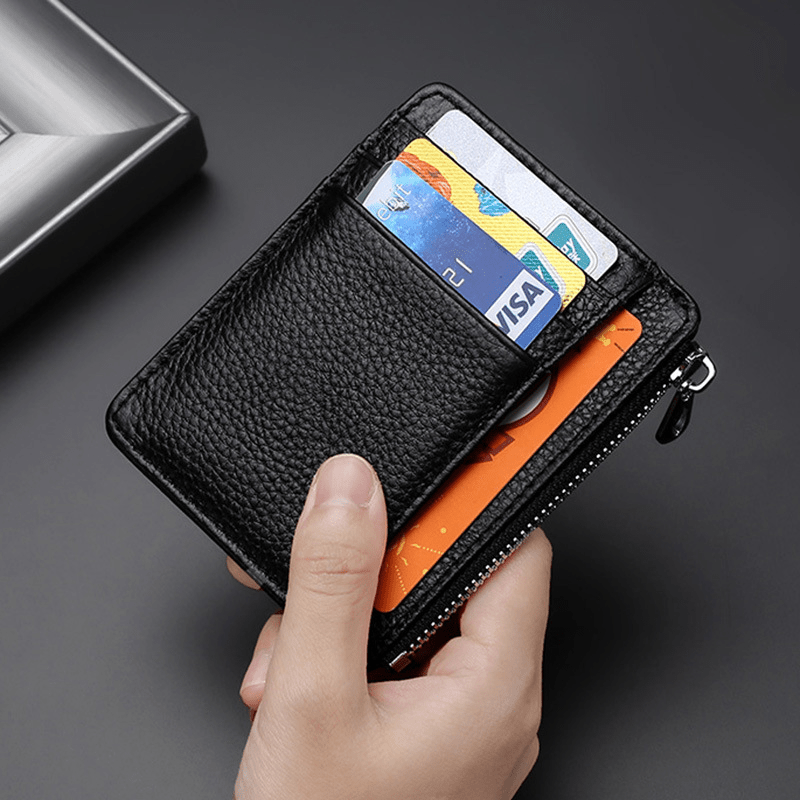 Men's Leather Card Holder First Layer Cowhide Ultra thin with Zipper Coin Purse