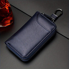 Leather Car Key Case Holder with Metal Hook and Keyring Zipper Bag