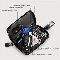 Leather Car Key Case Holder with Metal Hook and Keyring Zipper Bag
