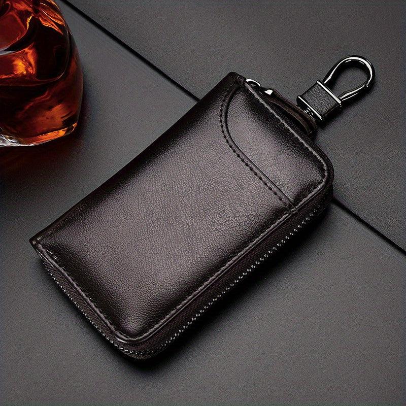 Leather Car Key Case Holder with Metal Hook and Keyring Zipper Bag