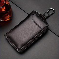 Leather Car Key Case Holder with Metal Hook and Keyring Zipper Bag
