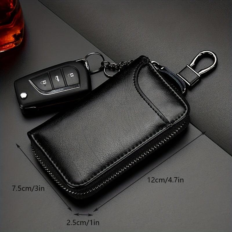 Leather Car Key Case Holder with Metal Hook and Keyring Zipper Bag