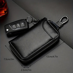 Leather Car Key Case Holder with Metal Hook and Keyring Zipper Bag
