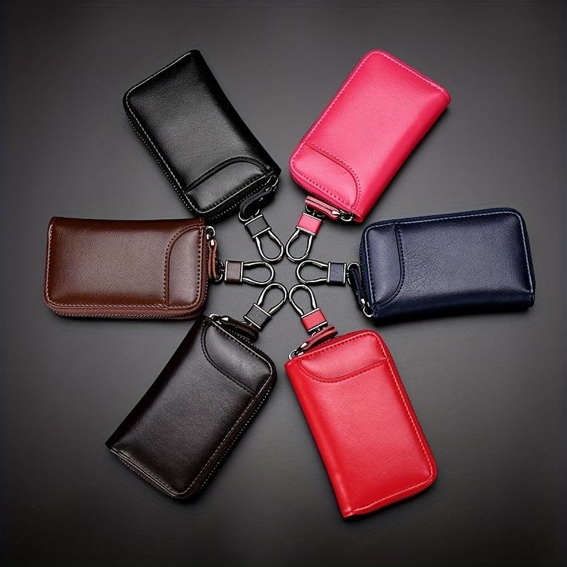Leather Car Key Case Holder with Metal Hook and Keyring Zipper Bag