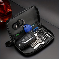 Leather Car Key Case Holder with Metal Hook and Keyring Zipper Bag