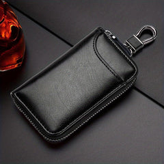 Leather Car Key Case Holder with Metal Hook and Keyring Zipper Bag