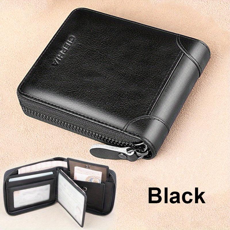 RFID Blocking Bifold Zipper Wallet Top Layer Cowhide ID Credit Card Coin Bag