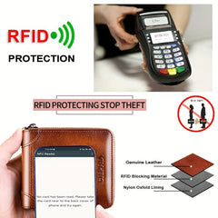 RFID Blocking Bifold Zipper Wallet Top Layer Cowhide ID Credit Card Coin Bag