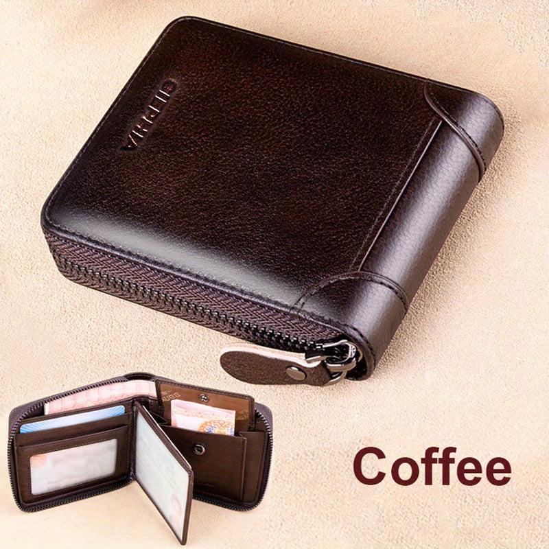 RFID Blocking Bifold Zipper Wallet Top Layer Cowhide ID Credit Card Coin Bag