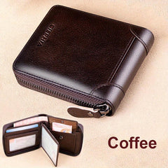 RFID Blocking Bifold Zipper Wallet Top Layer Cowhide ID Credit Card Coin Bag