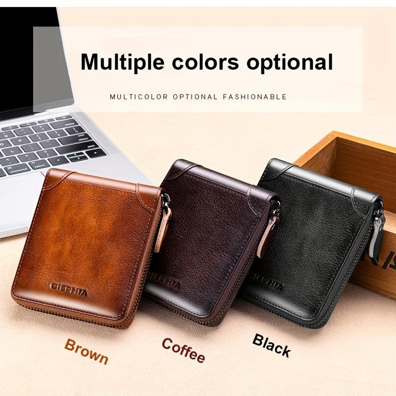 RFID Blocking Bifold Zipper Wallet Top Layer Cowhide ID Credit Card Coin Bag